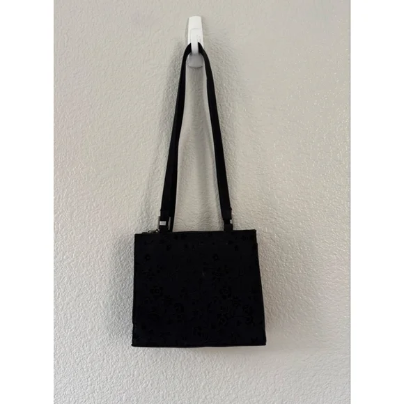 Black Flocked Velvet Floral Shoulder Bag Vintage Y2K Goth Coquette EUC Handbag - Picture 3 of 6